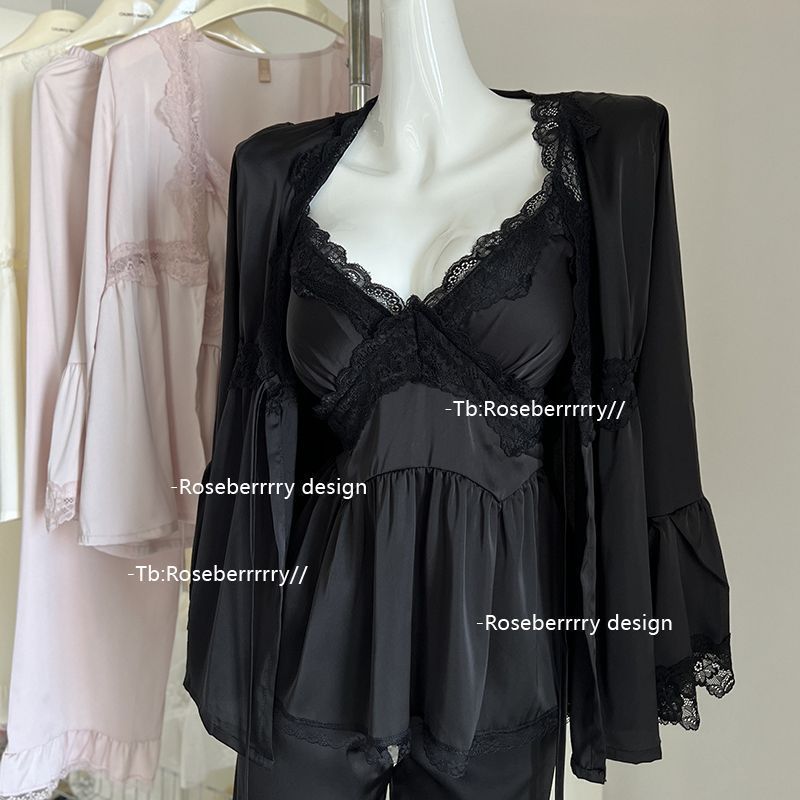 Baju Tidur 3in1 Set Piyama BS-5078 Mewah High Quality Renda Lace Ice Silk Tank Top Celana Panjang Ki