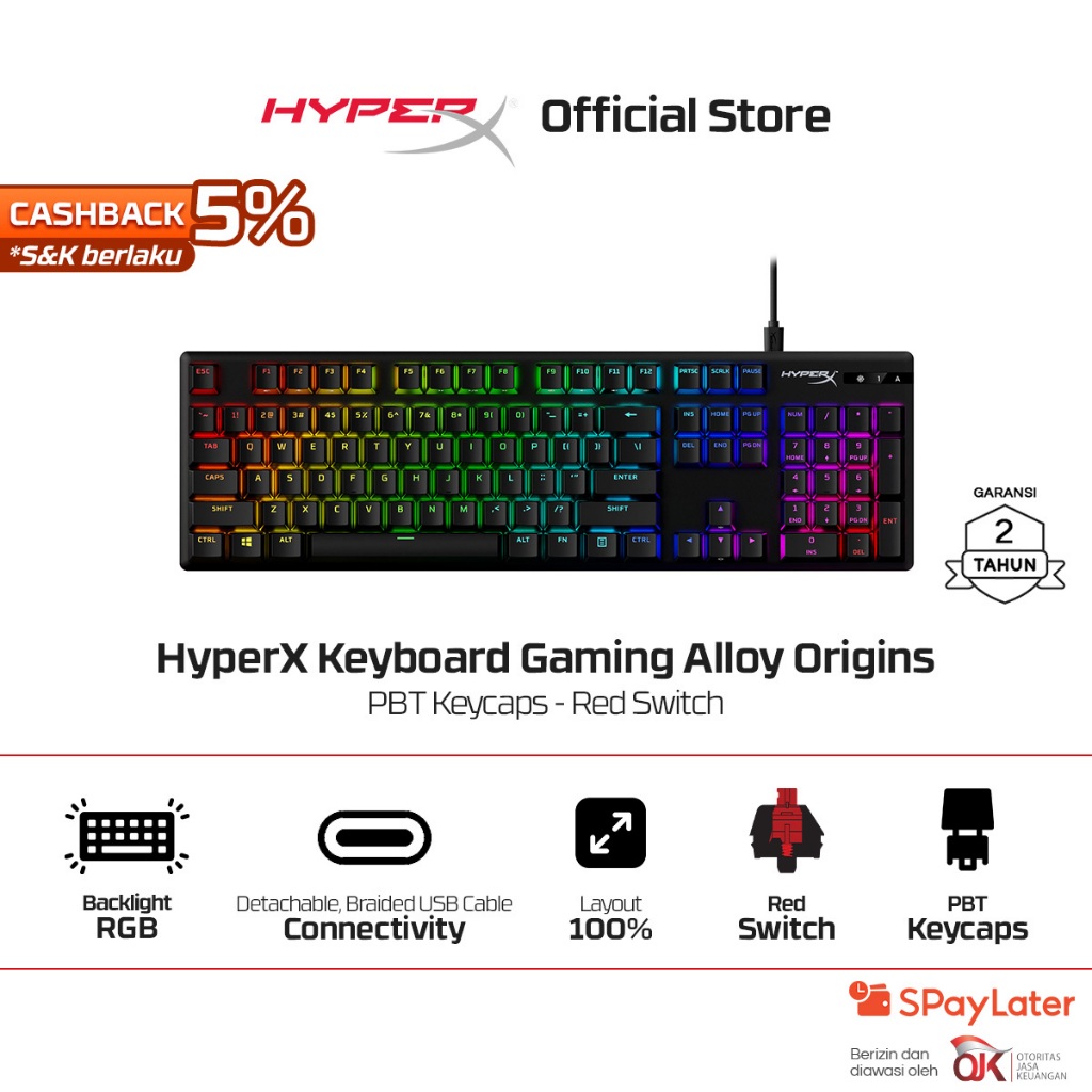 HyperX Keyboard Gaming Alloy Origins 100% Wired Red​ / Aqua / Blue Mechanical Switch Aluminium PBT K