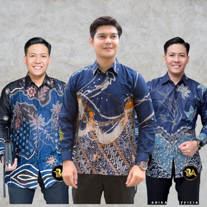 Baju Kemeja Batik Pria Cowok Lengan Panjang Premium Bahan Katun Prima Halus Serian Warna Biru Navy D