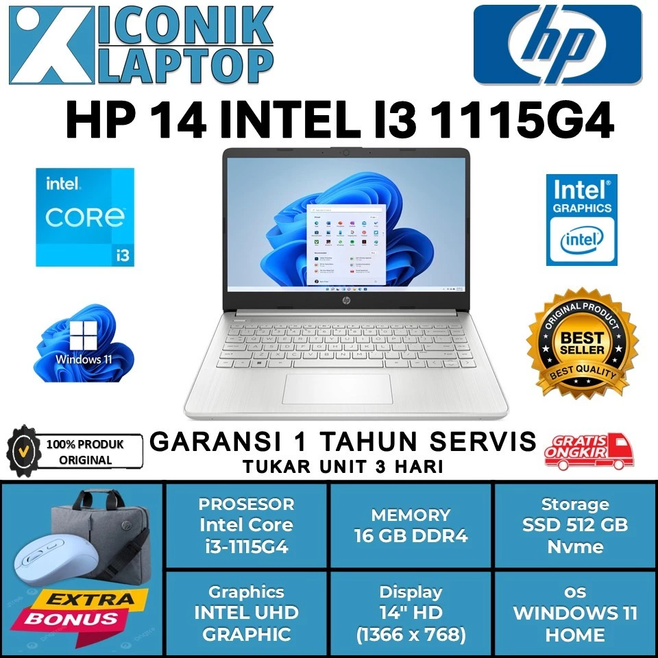 Laptop HP 14s intel core i3 1115G4 Ram 16GB DDR4 1TB SSD 14 inch HD SILVER