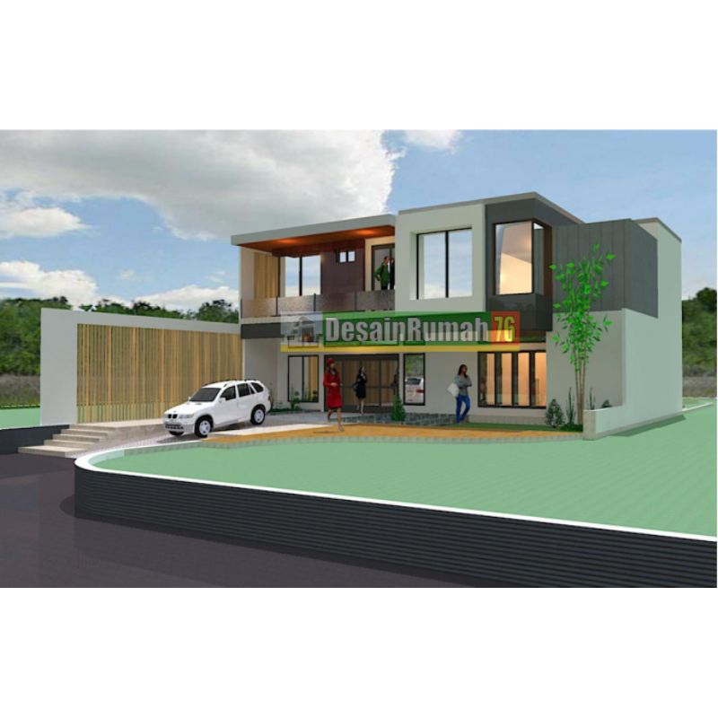 Desain rumah 3D+gambar kerja lengkap, ukuran 20x21 2 lantai, 5 kamar tidur. desain rumah modern, rum