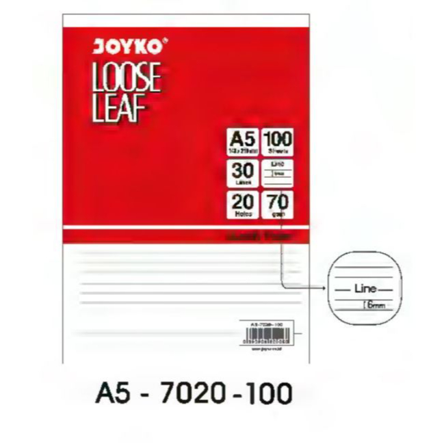 

Loose Leaf Joyko Garis A5 100 lembar A5-7020-100 / Kertas isi ulang Binder A5 100 lembar Garis