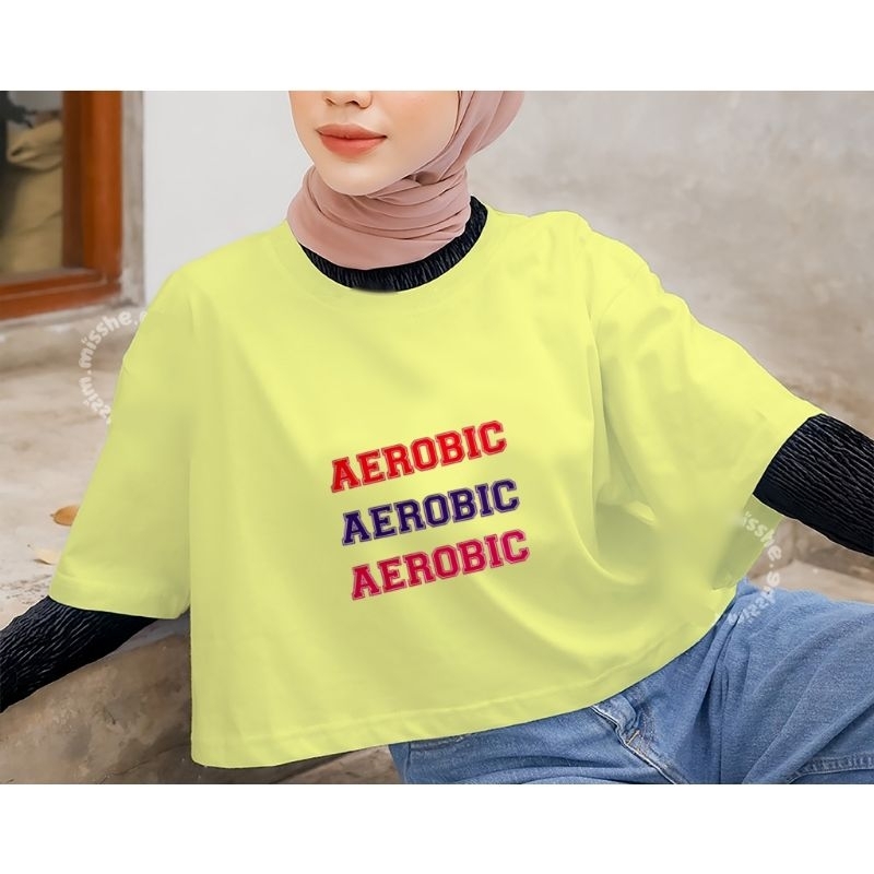 SS~ CROP TOP WANITA CROP TOP TULISAN AEROBIC TIGA WARNA CROP TOP OLAHRAGA