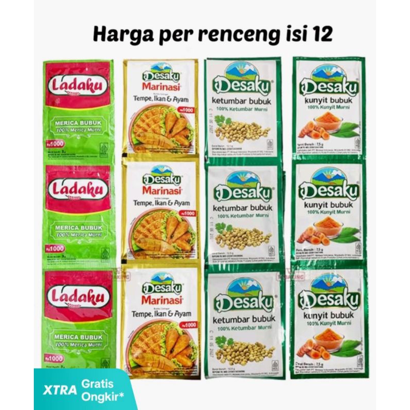 

Desaku Marinasi ayam ikan tempe , bawang putih Ketumbar Ladaku (merica bubuk) Cabe bubuk | harga per renteng renteng isi 12 ,(CABE BUBUK 1RENCENG 10PCS