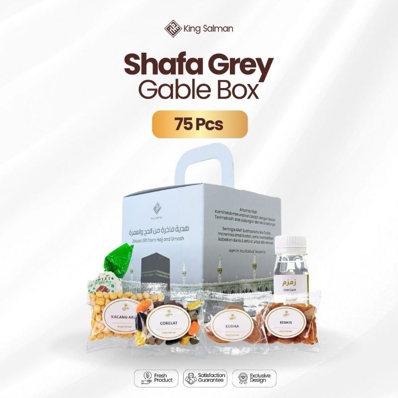 

Paket Hadiah Umroh & Haji Premium - King Salman Deluxe Gift | SHAFA GREY 75 PCS Gable Box