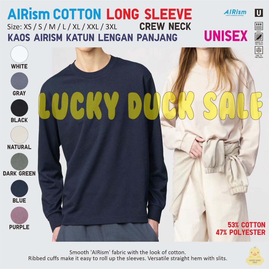 UNIQLO Airism Cotton Long Sleeve Crew Neck Shirt Kaos Lengan Panjang Katun