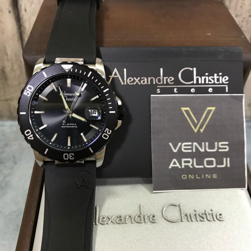 Jam Alexandre Christie AC 6141 MA RTB Pria Silver Ring Hitam Karet Hitam Bulat Automatic