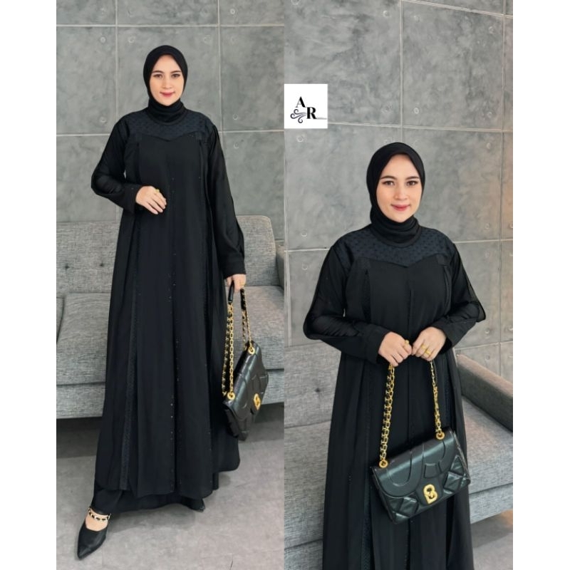 Gamis Abaya Turkey Hitam Jersey Mix Ceruty Bordir - Monalisa