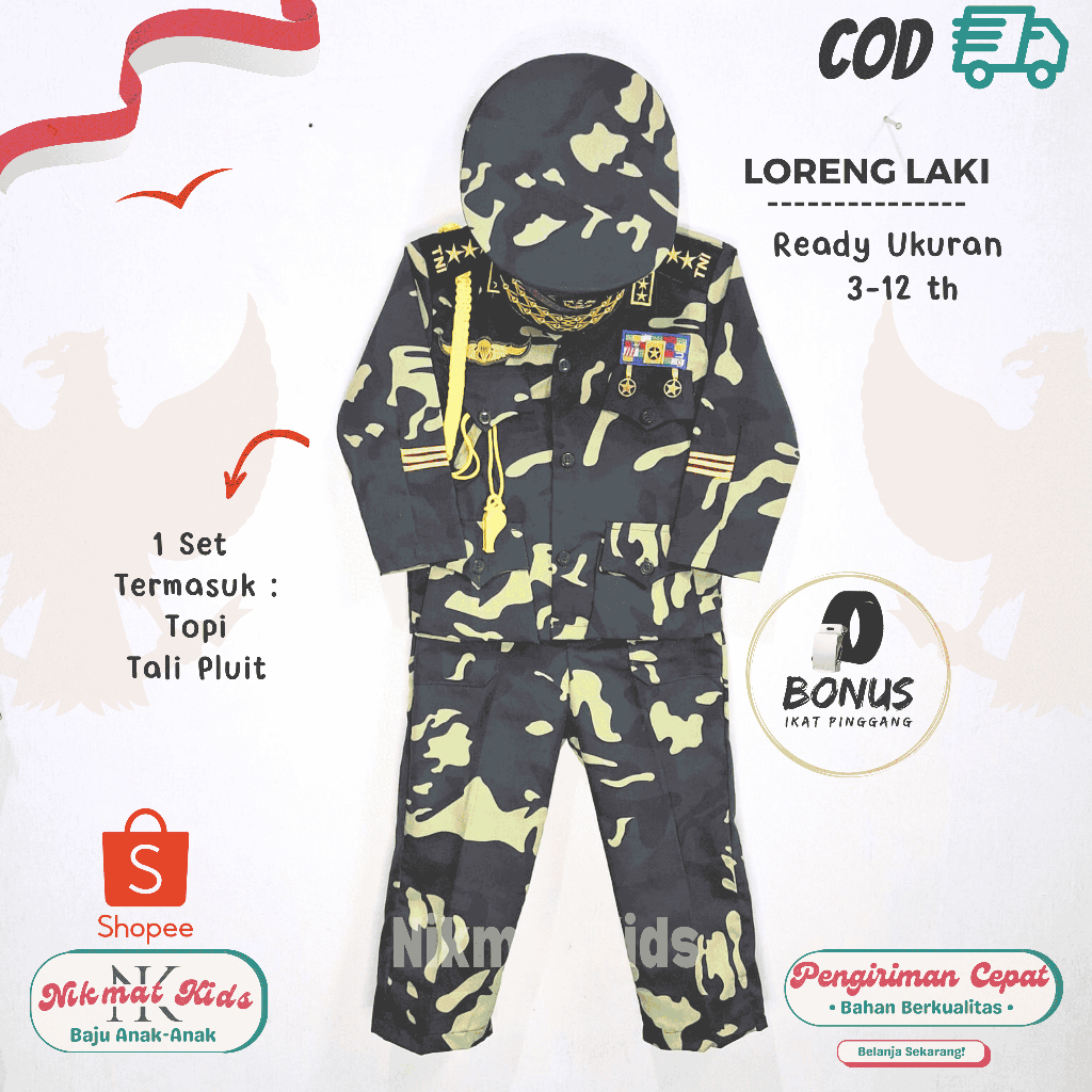 Seragam kostum stelan baju tentara loreng anak profesi anak baju tentara  tni anak laki laki tk paud