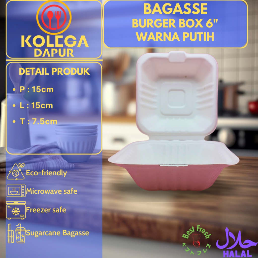 Bagasse Burger Box 6 inch 15x15x7.5cm Warna Putih - Bento Cake Box Kotak Tart Mini Lunch Box Takeawa