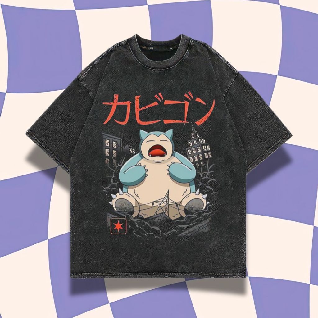 Kaos Anime Pokemon | Purple Haze | Oversize Stone Wash Vintage T-Shirt Unisex "Snorlax"