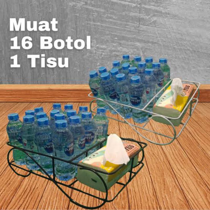 rak aqua gelas dan botol tempat tisu