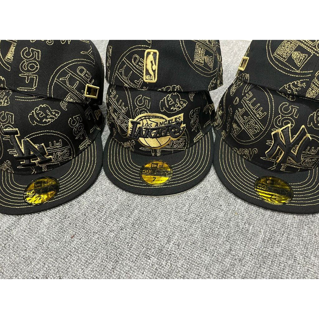 Topi Fitted NBA LA Lakers Black Gold Full Printed Bordir Build Up Caps