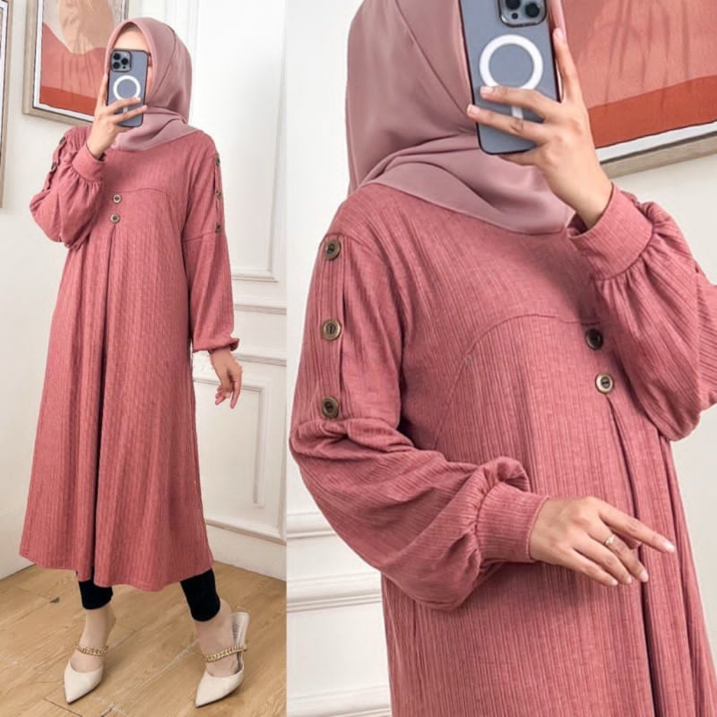Anica Dres Rib Knit Snow Variasi Kancing Tunik Anica Snow Rib Knit Masakini Tunik Rib Lengan Panjang