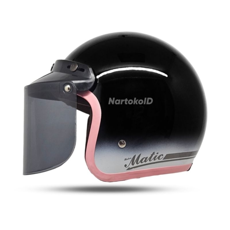 Helm Bogo Classic Retro Dewasa Polos Garis Full Leher SNI