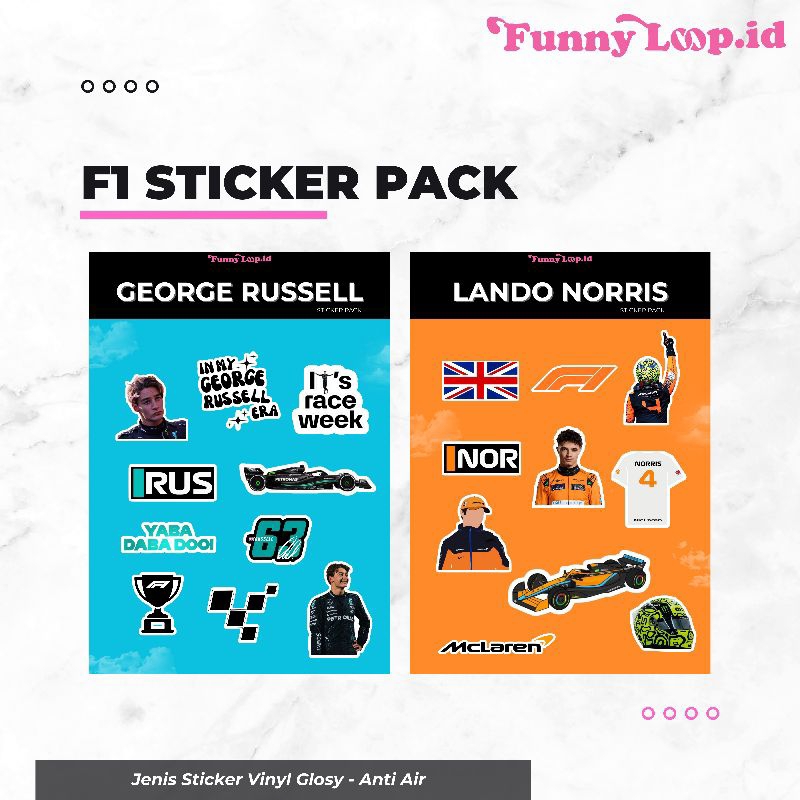 

Stiker Handphone/laptop/aksesoris Tema FORMULA ONE – Lando Norris/ George Russel/ Max Verstappen/ Charles Lecrerc - Tahan Air & Super Aesthetic!