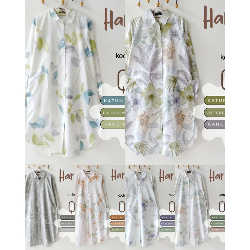 HARUKO series | ld 108 | Premium Katun Jepang | Tunik kemeja motif bunga full kancing