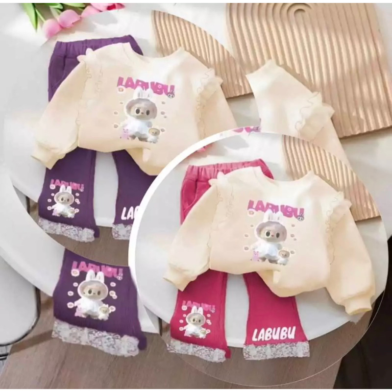 setelan baju anak perempuan motif viral labubu kulot buat anak usia 1-12 tahun