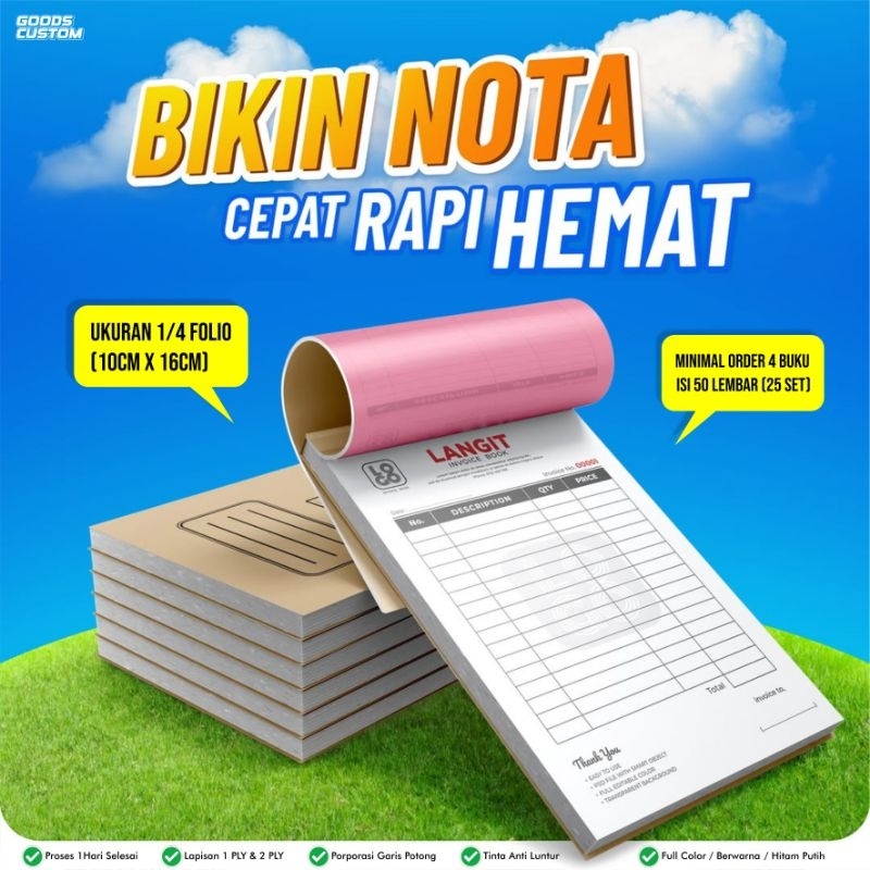 

PROMO TERMURAH! Cetak Nota Custom 2ply Ukuran 1/4 Polio Bahan Kertas NCR
