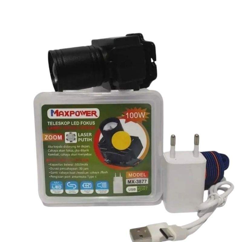 Senter Kepala Maxpower MX-3877 100W Waterproof / Senter Kepala Led Zoom Laser