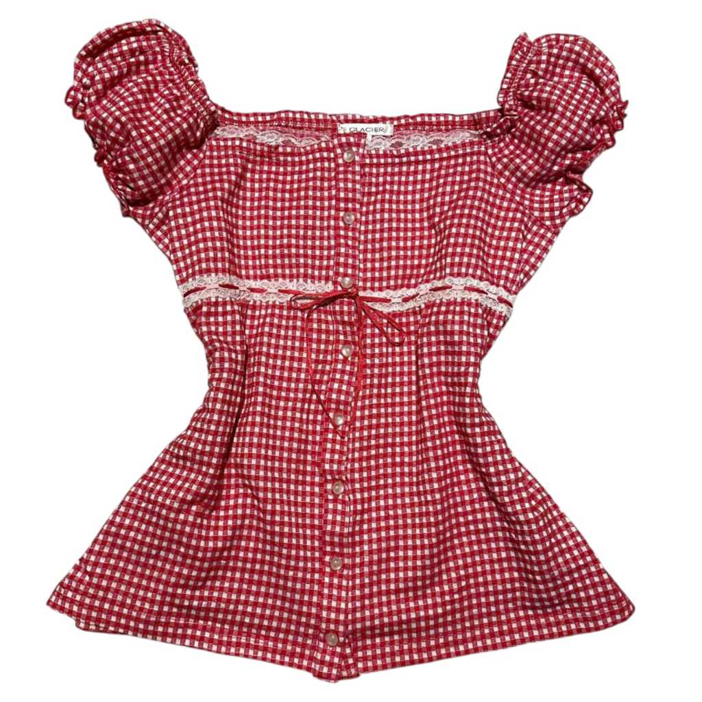 Glacier Checkered Milkmaid Coquette Puffy Babydoll Buttoned Up Top | red white ribbon bow dollette p
