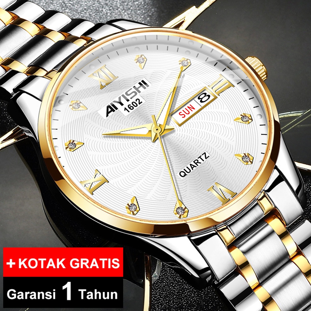 AIYISHI Original Jam Tangan Pria Quartz Tali Stainless Steel Kalender Mewah Fashion Pria Tahan Air J