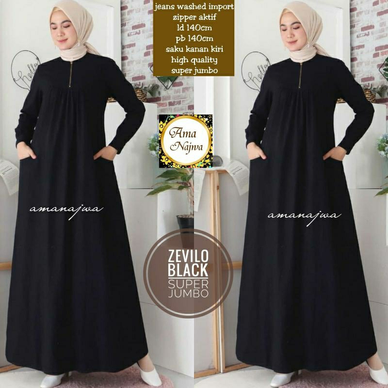 Zevelo Hitam Ld 140 Gamis Jeans JUMBO OVERSIZE Maxy Dress muslim / Amanajwa