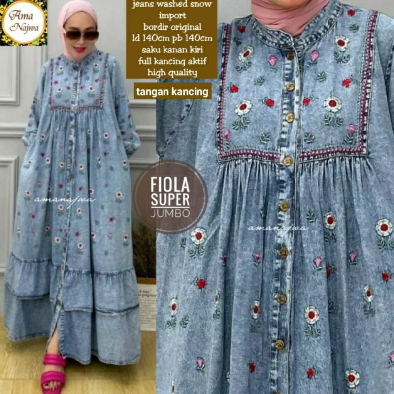 Suju LD 140 Fiyola Bordir Gamis Jeans JUMBO OVERSIZE Maxy Dress muslim / Amanajwa