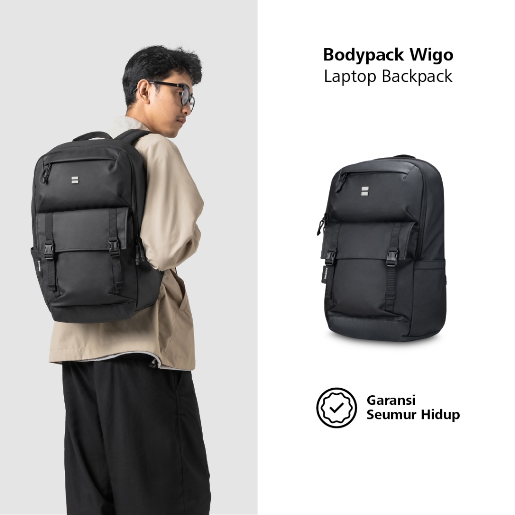 Bodypack Wigo Laptop 14 Inch Bag Tas Ransel Kerja Kuliah Sekolah Anti Air - Hitam