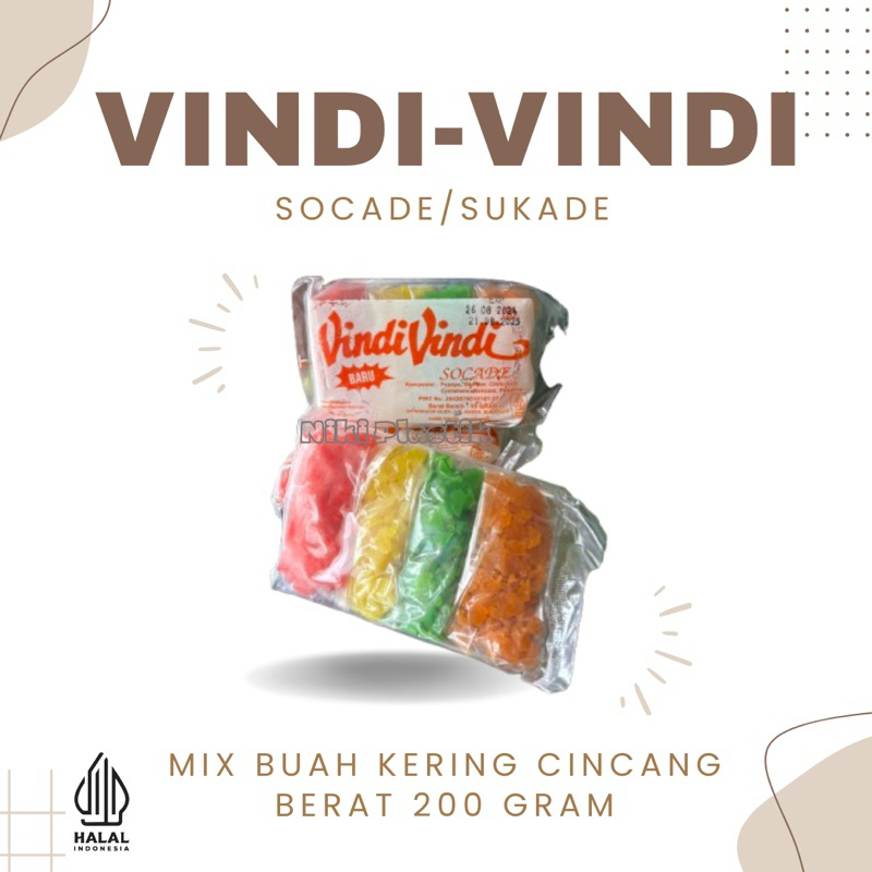 

VindiVindi Socade/Sucade/Sokade Mix Buah Kering Cincang untuk Kue/Roti Kemasan 200gran