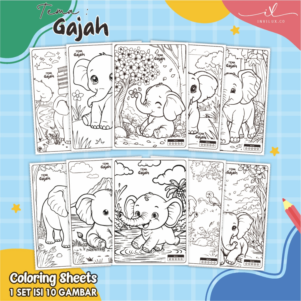 

[A4 - GAJAH] KERTAS GAMBAR UNTUK ANAK - LEMBAR MEWARNAI ANAK 1 SET ISI 10 LEMBAR GAMBAR