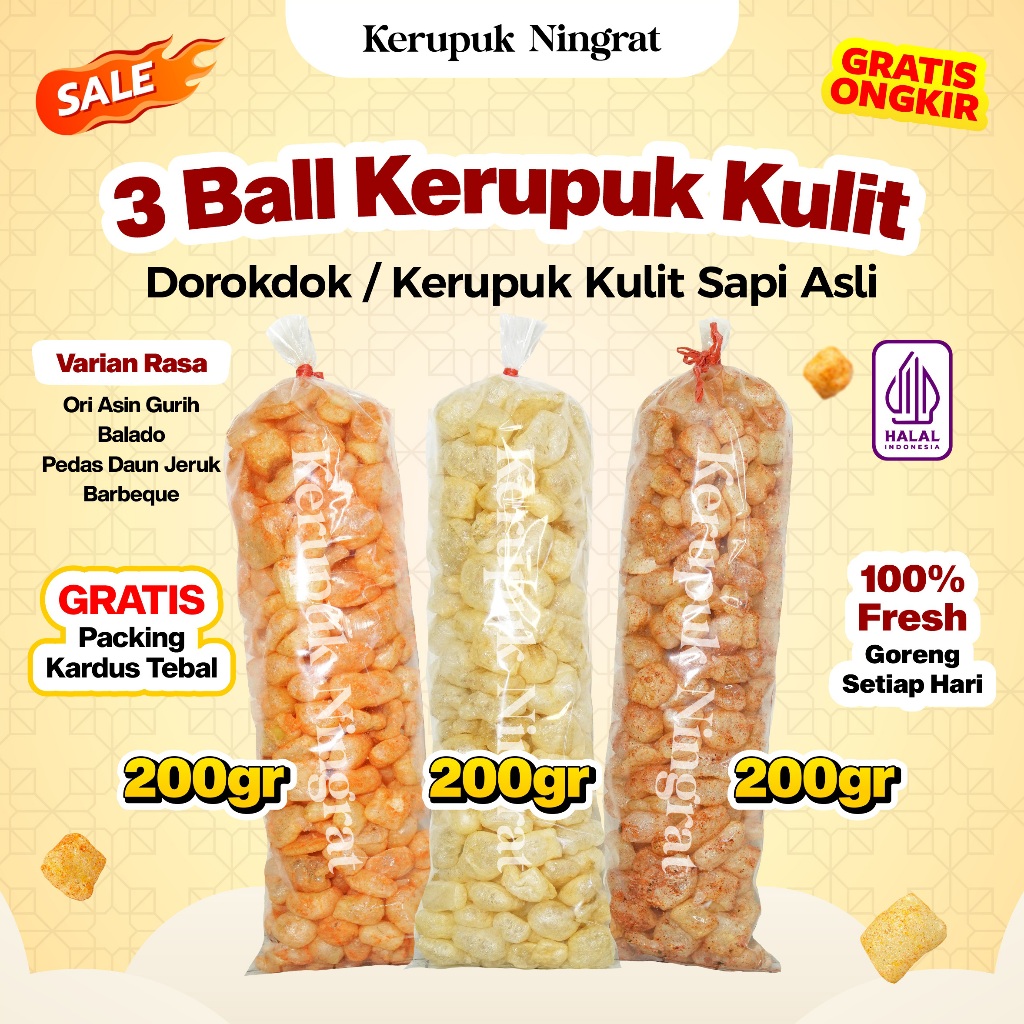 

3 BALL Kerupuk Kulit Sapi Asli 200gr Dorokdok Renyah Gurih Tanpa Pengawet Snack Cemilan Asin Halal