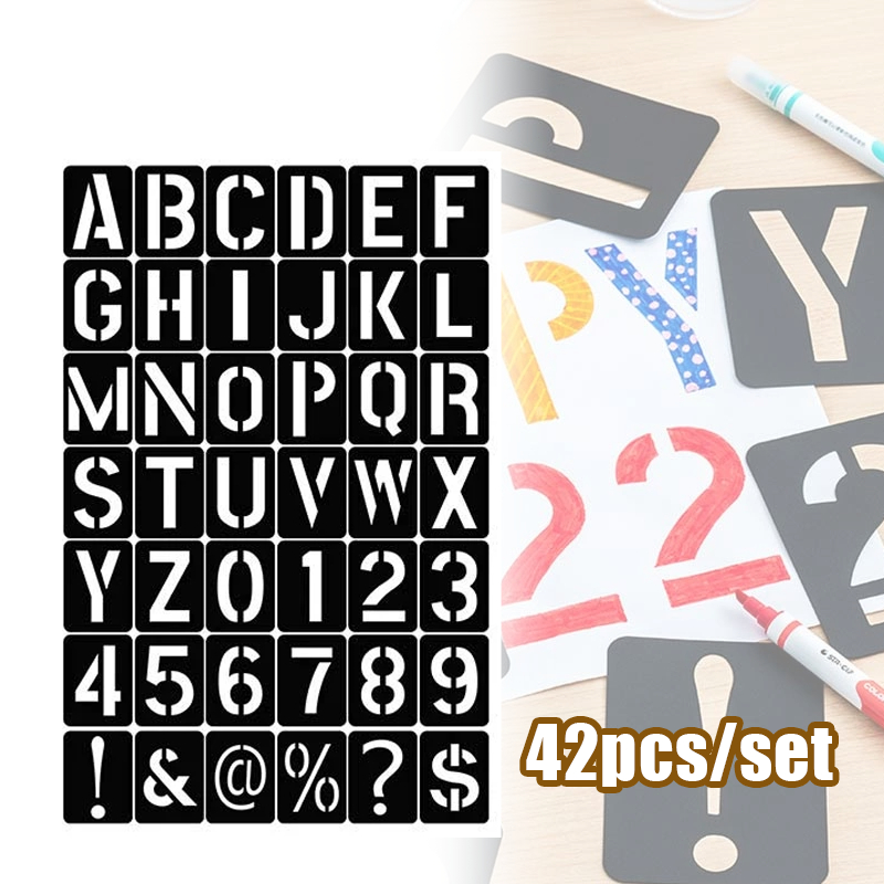 

42buah/Set Cetakan Huruf Angka Stencils Pylox Cat Semprot Tahan Air Reusable Stensil Plastik Cetakan
