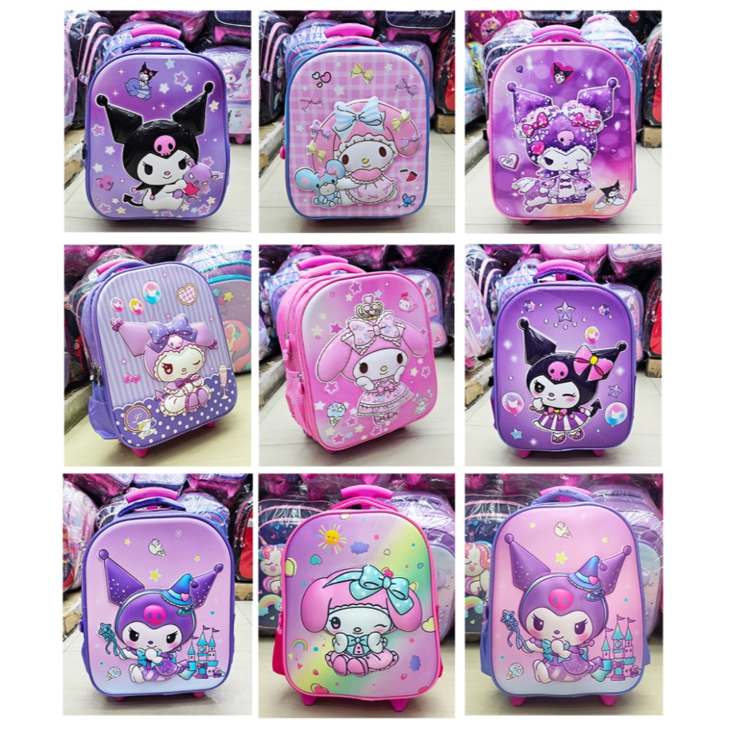 Tas Trolley Sekolah TK untuk Anak Perempuan dengan Motif Kuda Poni 3D Warna Ungu Lilac dan Roda Doro