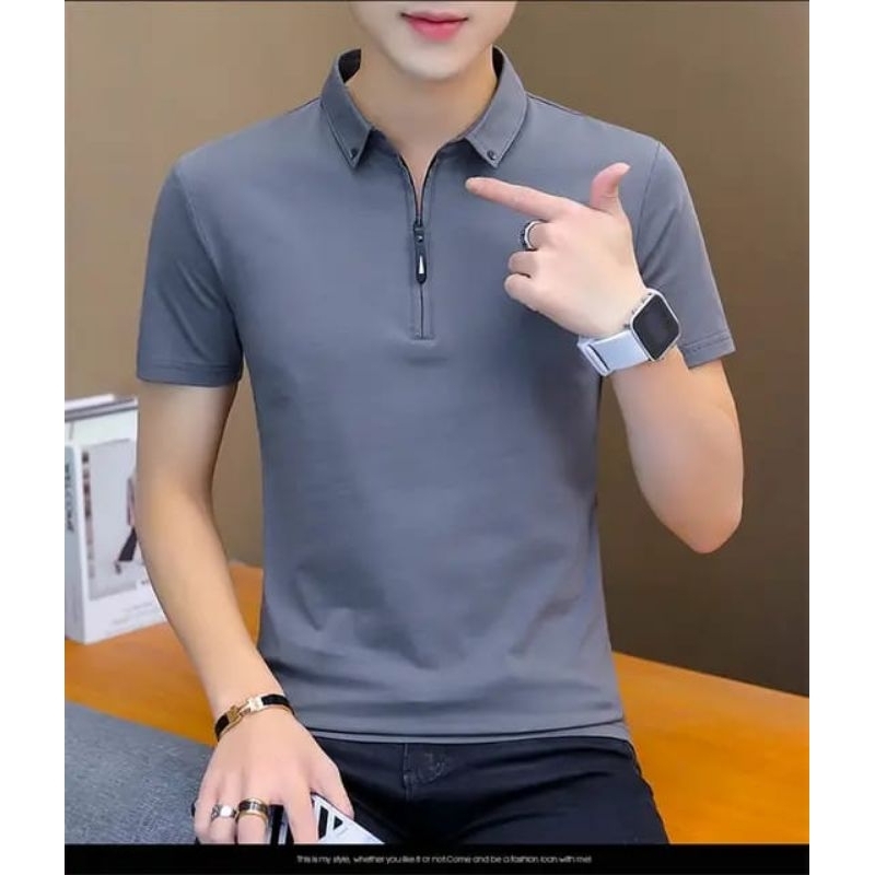 Kaos krah resleting / baju lengan pendek / kaos distro polo ziper pria tangan pendek / baju import p