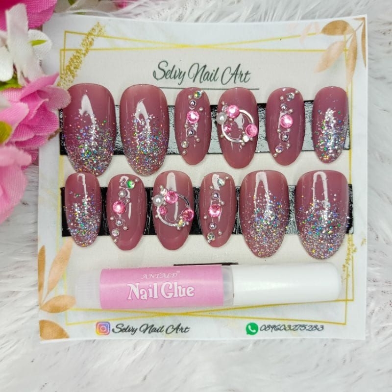 kuku palsu wedding maroon Glitter silver