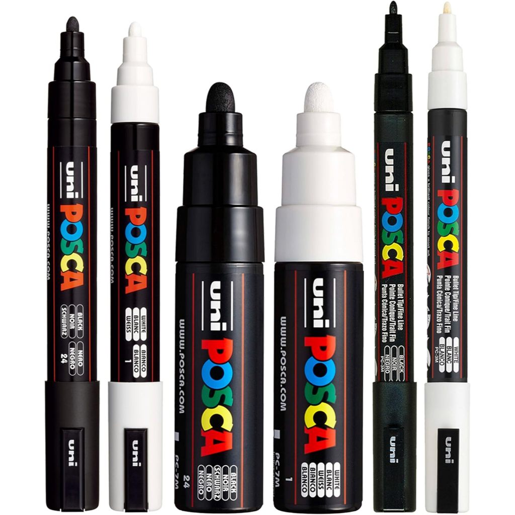 

Uni Posca Marker Black & White, Extra Fine Tip PC-1M, Fine Tip PC-3M, Medium Tip PC-5M