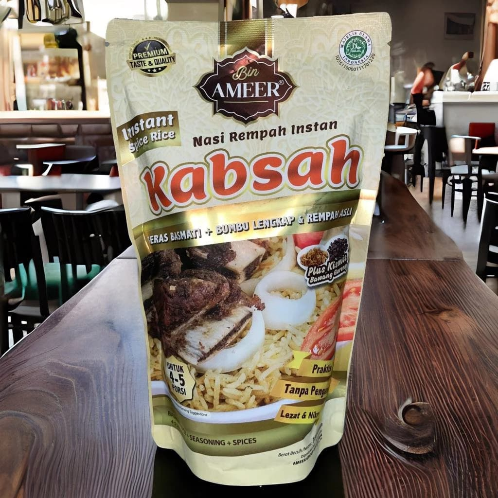 

Nasi Kabsah Instan - Termasuk Beras Basmati 300 Gram Untuk 4-5 Porsi - Bin Ameer - Enak Cukup 30 Menit - Paket Beras, Bumbu, Rempah, Kismis, Bawang Goreng