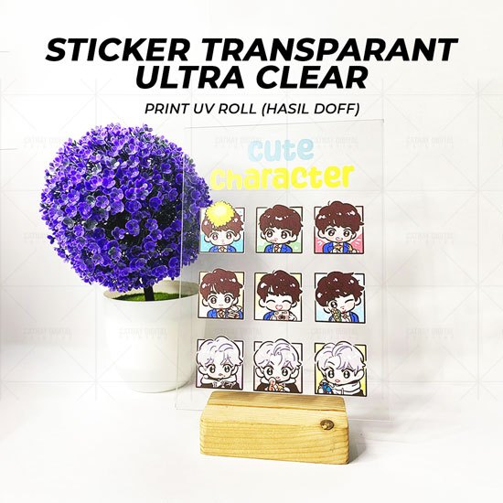

Stiker Transparan Ultra Clear White + CMYK Cetak Uv roll Mimaki Bahan Premium
