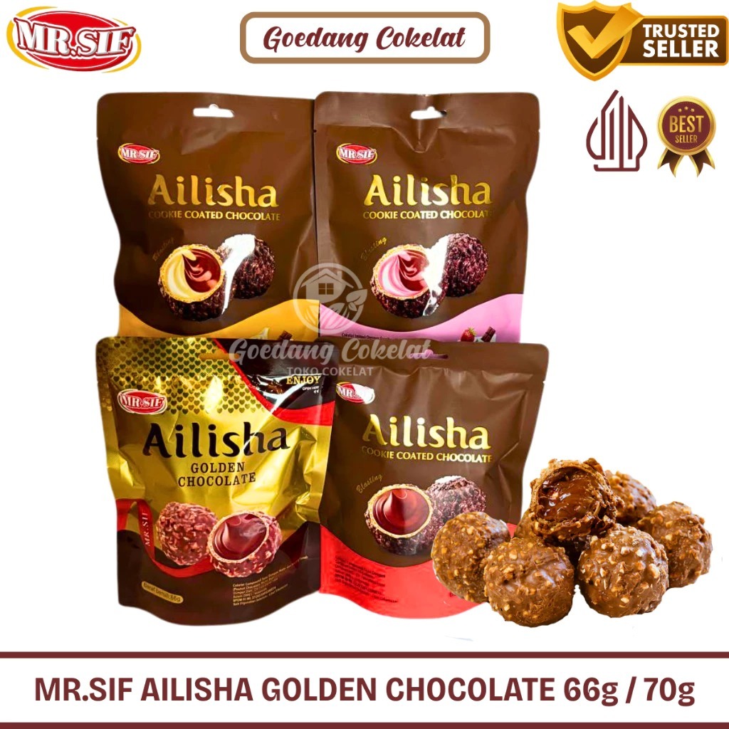 

[toko snack jkt] MR.SIF Ailisha Chocolate Cokelat Coklat Ailisha 70gr Ailisha Golden Cookie Coated Strawberry Milk Chocolate 66gr / 70g