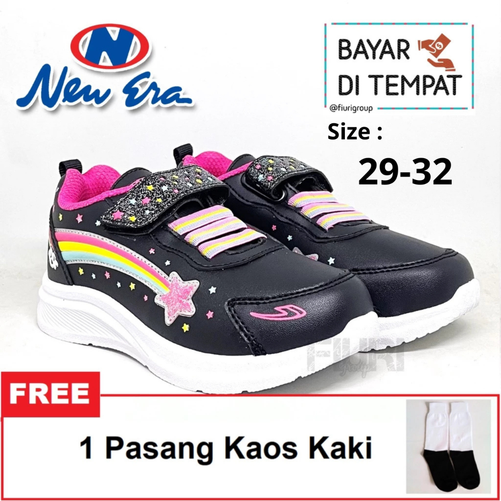 FIURI - NEW ERA ORIGINAL -  RAINBOW V 29-32 HITAM PINK PUTIH - SEPATU SNEAKERS KANVAS SOL KARET ANAK