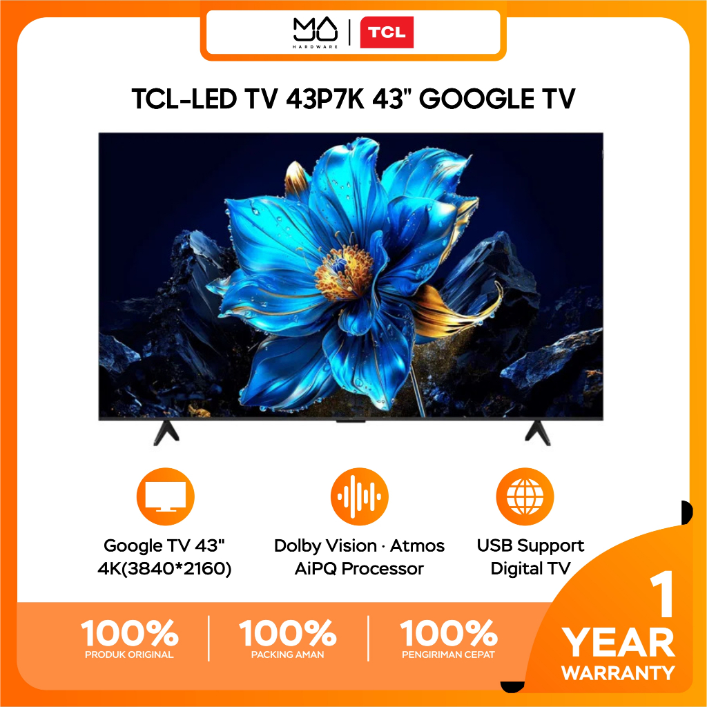 TCL 43 Inch P7K QLED Direct LED TV 4K HDR Smart TV 43P7K Google TV - Garansi Resmi