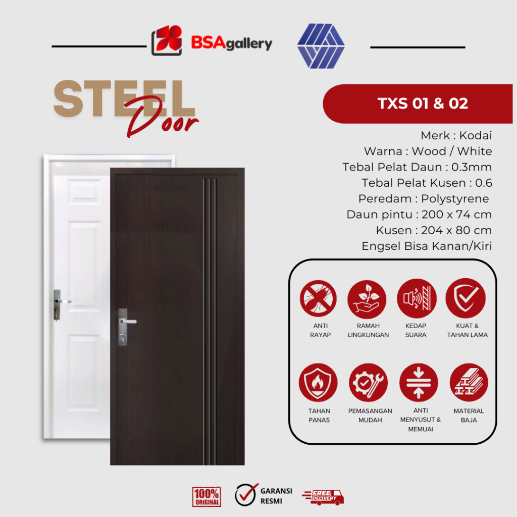 Pintu Baja Kodai 204 x 80 / Steel Single Door TXS01 / Pintu Utama Pintu Depan Rumah + Kusen + Gagang