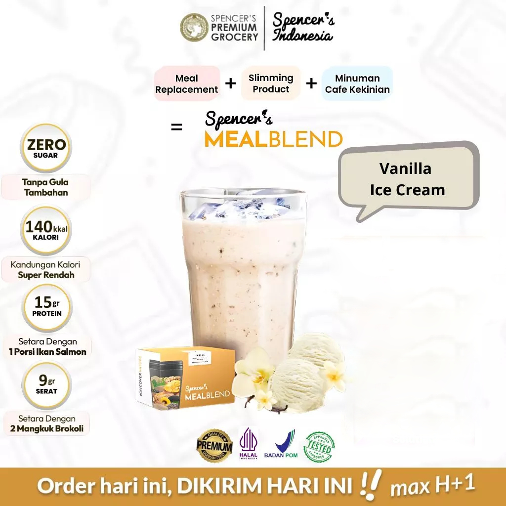 

Spencer's MealBlend Vanilla Ice Cream 1 Box (15 sachet x 38gr) - Meal Replacement Suplemen Pengganti Sarapan - Nutrisi Alami Rendah Kalori