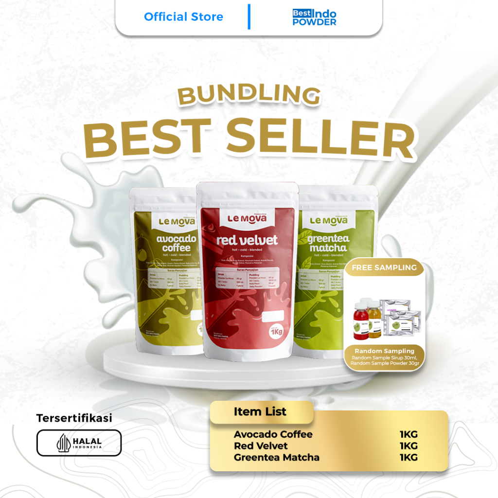 

Best Seller Bundle bubuk Lemova - Red Velvet, Greentea Matcha, Avocado Coffee 3KG + FREE Coffee Caramel 280gr