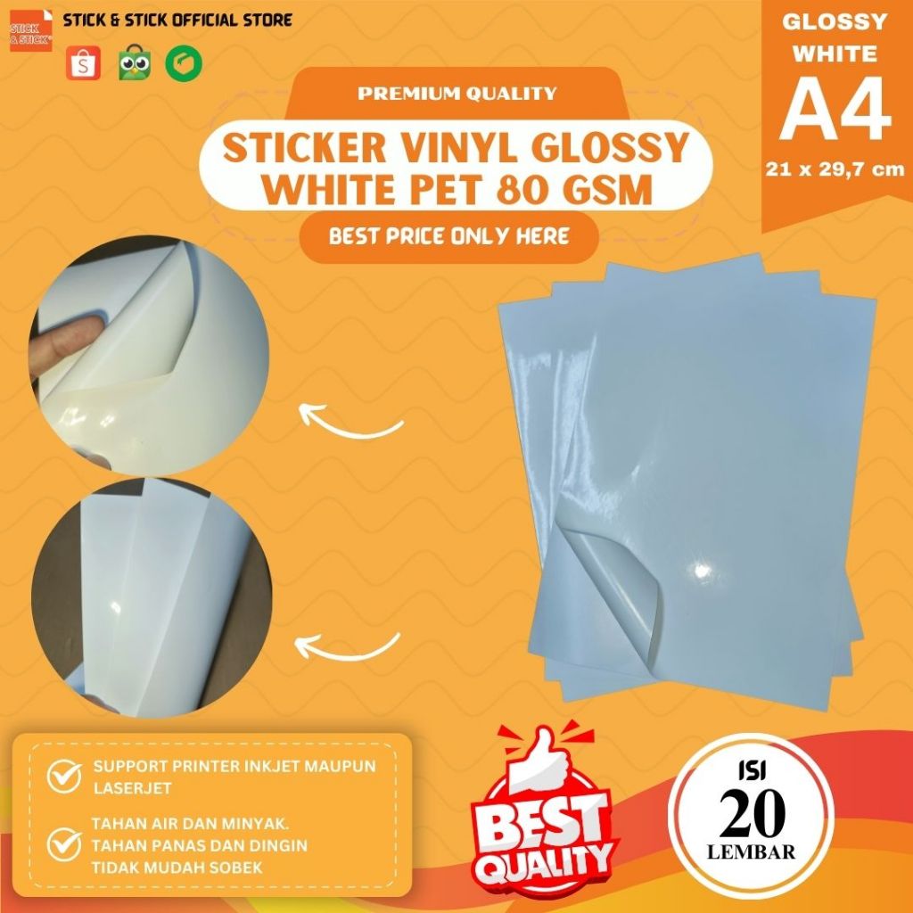 

Sticker Vinyl Glossy White PET A4 80 Gsm A4 Isi 20 Lembar Premium Quality