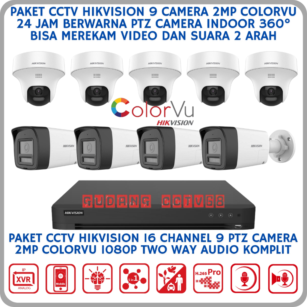 Paket CCTV Hikvision 16 Channel 9 Camera 2mp Colorvu 1080p Two Way Audio Series CCTV Suara 2 Arah