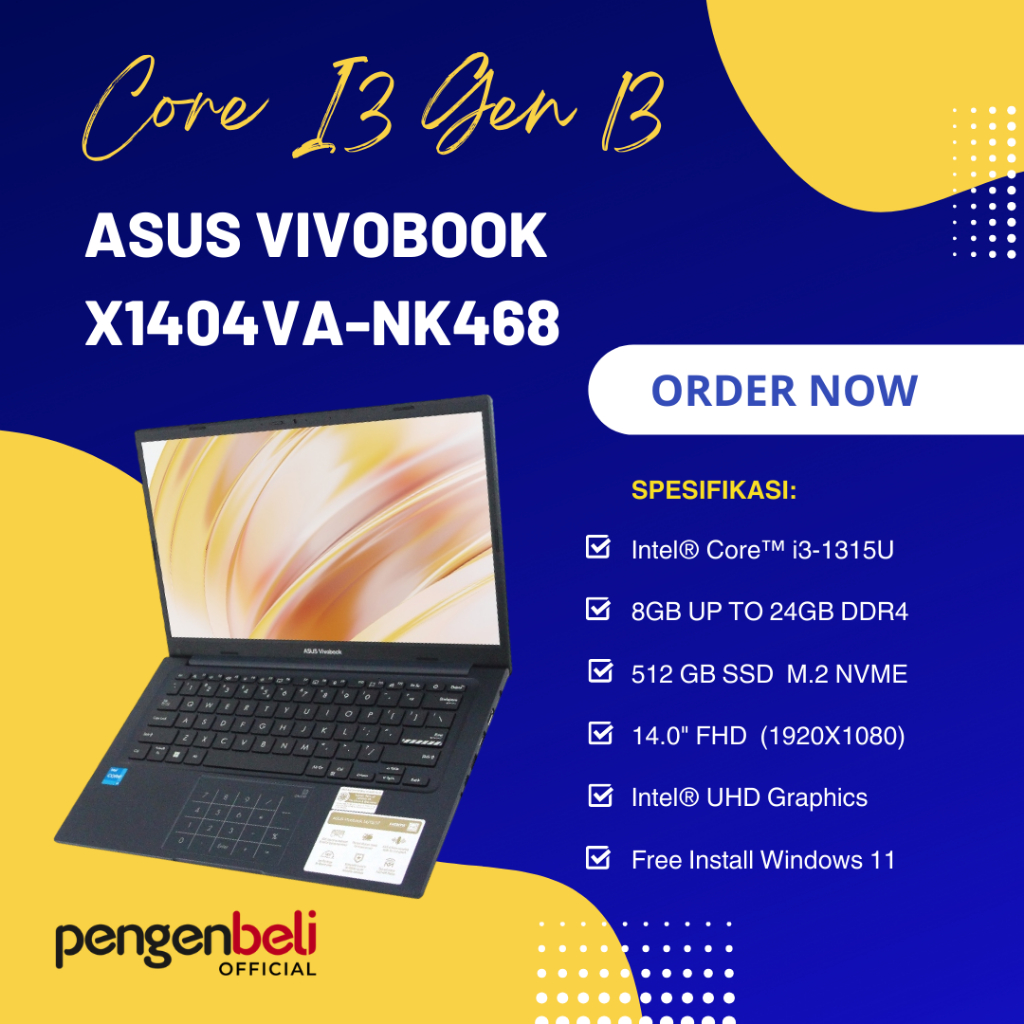 SALE STOCK LAPTOP ASUS VIVOBOOK X1404VA-NK468 / CORE I3 GEN 13 / RAM 24GB / SSD 512GB / 14" FULL HD 