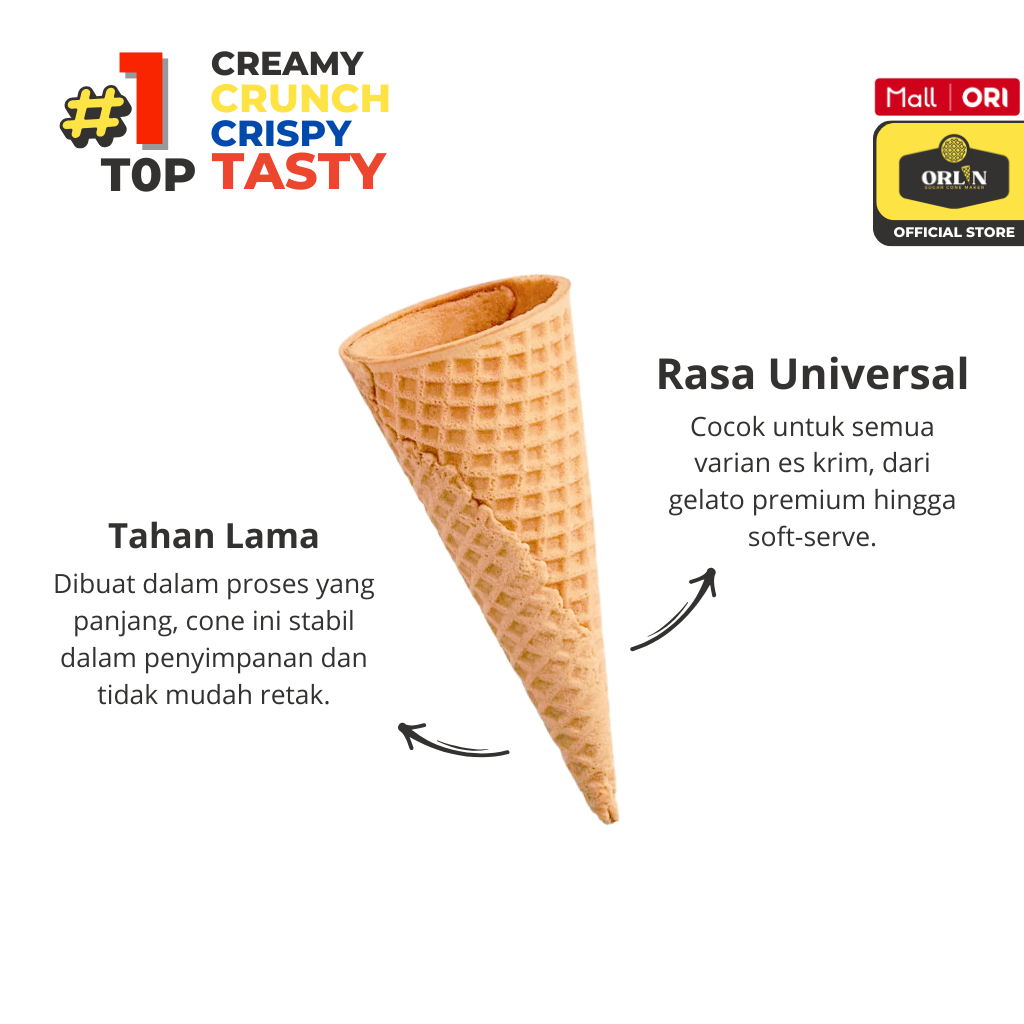 

ORLIN Starter Pack Middle Waffle Cone Ice Cream 3,5cmx10cm isi 50pcs Sekali Gigit,Nagih Sampai Ujung