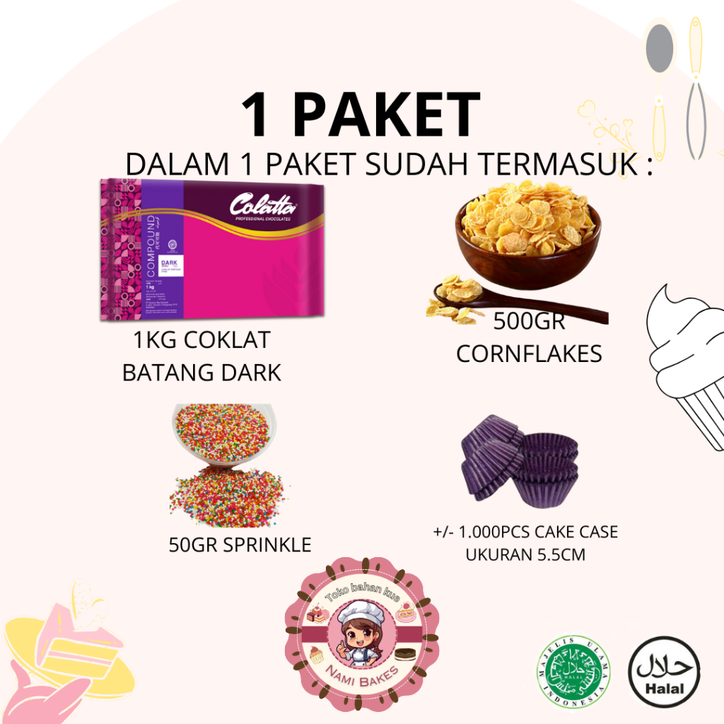 

Bahan dasar Corn Flakes Full set Paket Praktis ( Dark Colatta , Corn Flakes , Sprinkle , Cake Cup )